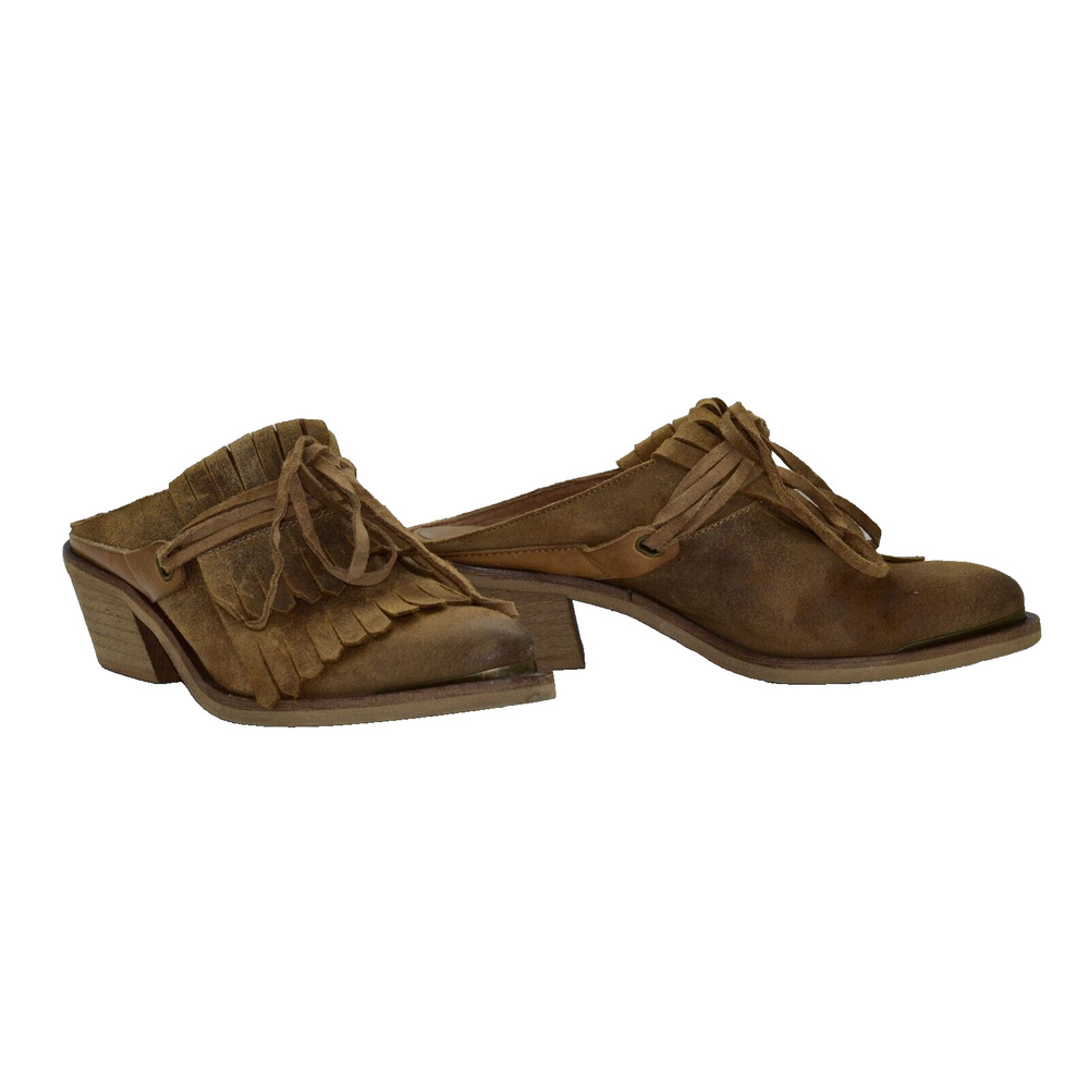 B0 Auth SIXTYSEVEN Brown Nubuck Fringe And Lace Rancho Mule Shoes Size 37